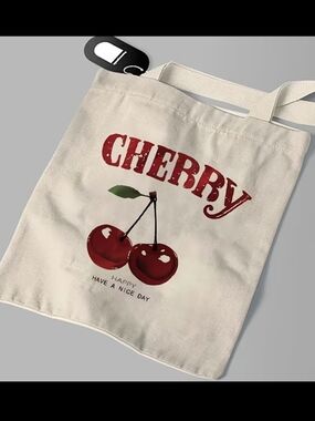 Cherry Graphic Canvas Tote Bag - Cream/Red